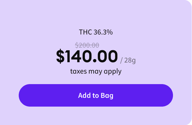 A 28g price on one Illinois menu: $140.00, marked down from $200.00, THC 36.3 percent.