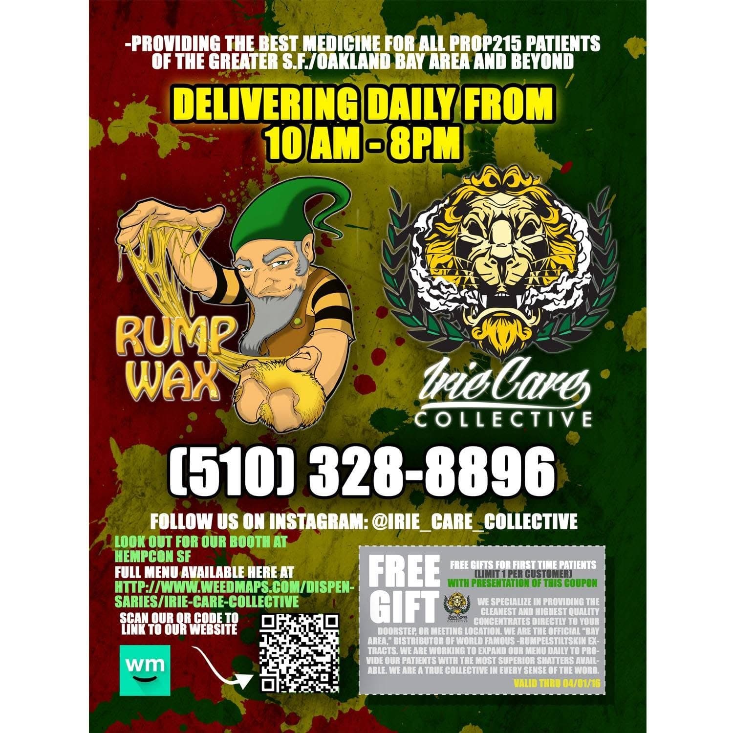 2016 magazine ad for Irie Care Collective and Rump Wax, with a gnome mascot and a lion logo on red, gold and green.